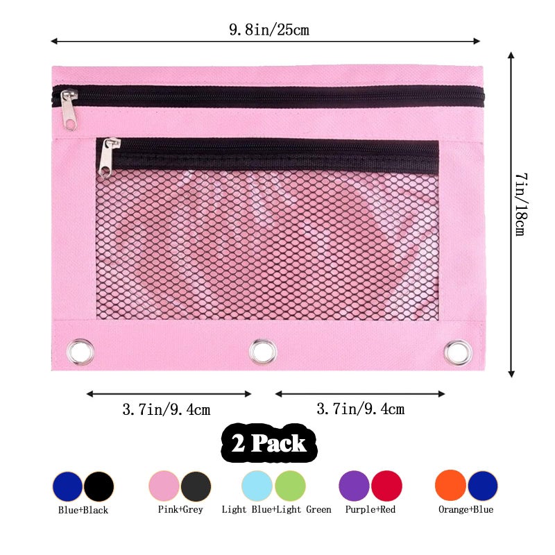 SORDIM 3 Ring Binder Pencil Pouch, 2 Pack Pencil Pouches with Zipper-Pencil Case with Double Pocket and Mesh Window (pink and grey) - Image 5